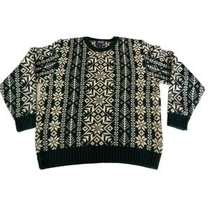 Lands End Sweater Men Large Green 100% Wool Scotland Nordic Crewneck